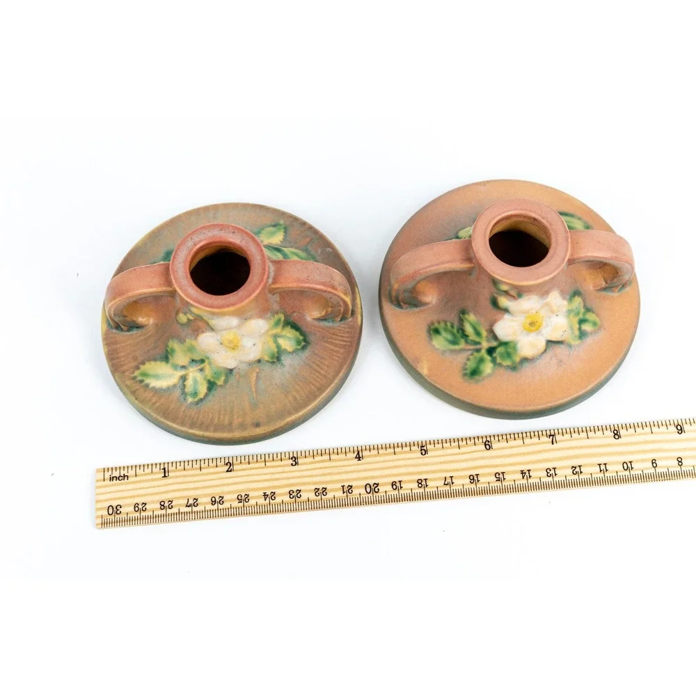Vintage Roseville Pottery White Rose Candle Holders Pink Green Matte 1141 Pair
